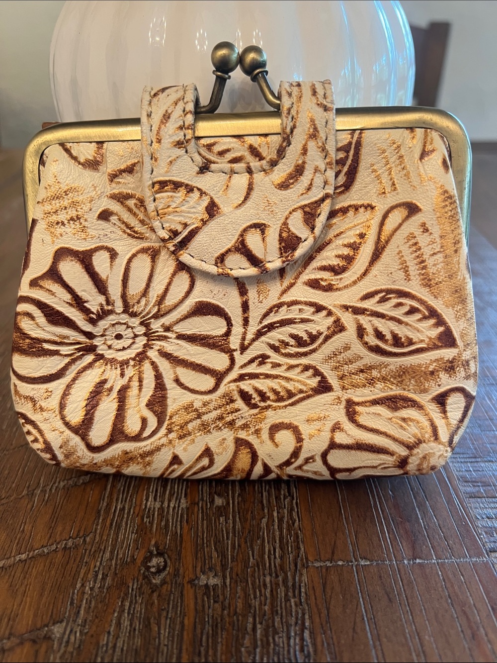 Myra Bag Cream and Brown Floral Embossed Coin Leather Wallet - Picture 2 of 9
